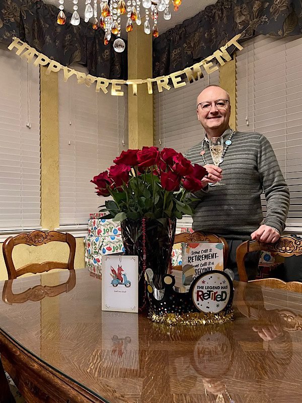 Toasting with champagne at retirement party