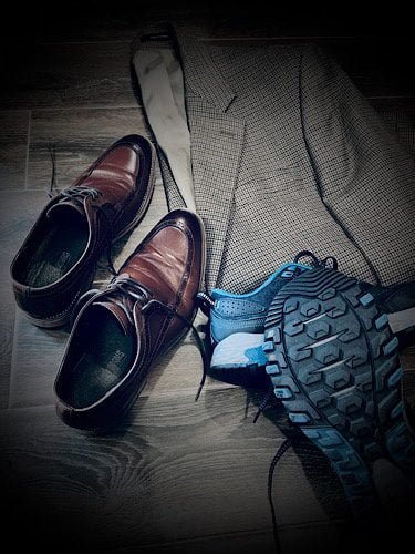 photo of sports coat with sneakers and dress shoes
